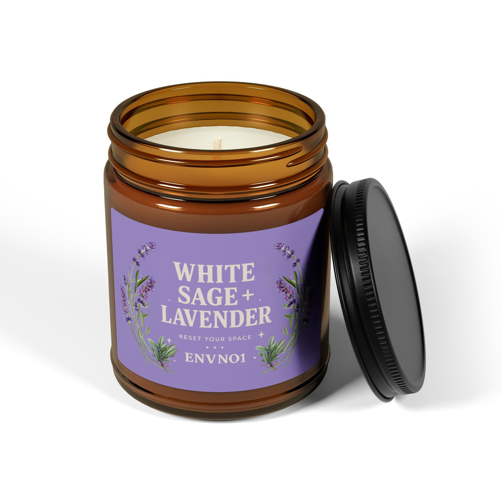 White Sage + Lavender Scented Soy Candle (Multi-Size,Amber Jar)