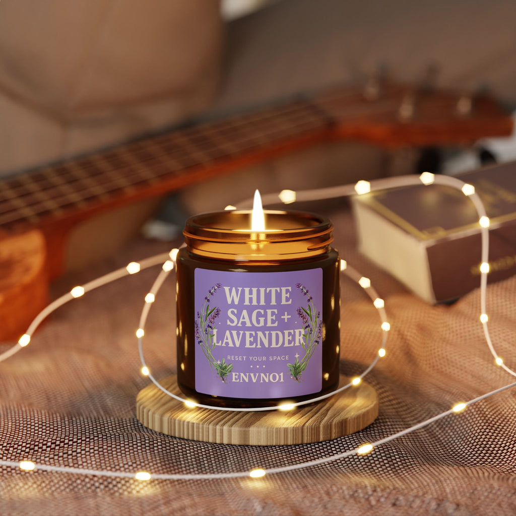 White Sage + Lavender Scented Soy Candle (Multi-Size,Amber Jar)