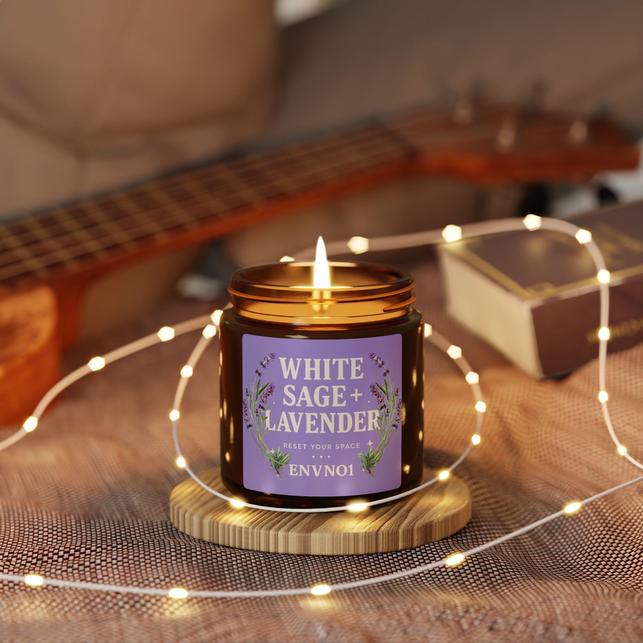 White Sage + Lavender Scented Soy Candle (Multi-Size,Amber Jar)