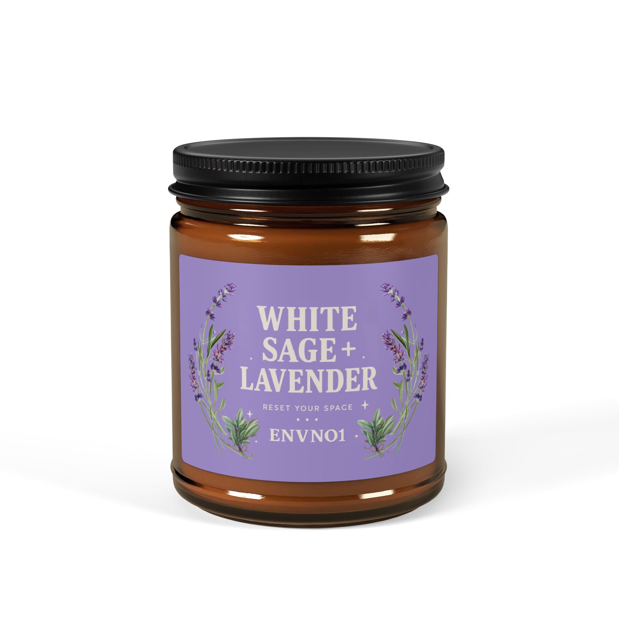 White Sage + Lavender Scented Soy Candle (Multi-Size,Amber Jar)