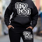 Woman wearing a black hoodie and sweatpants with 'ENVNO1, Live your Purpose'.