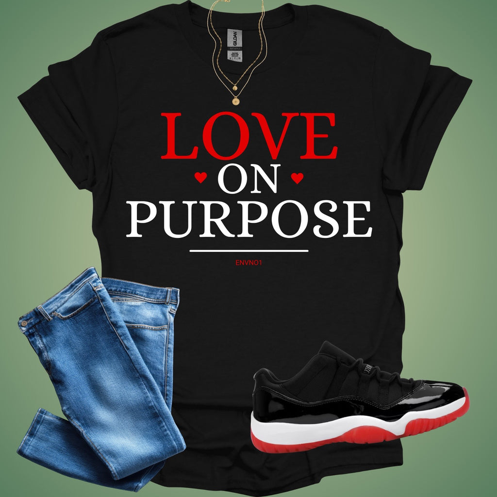 ENVNO1 Love On Purpose Tee — Black tee with jeans and tennis shoes