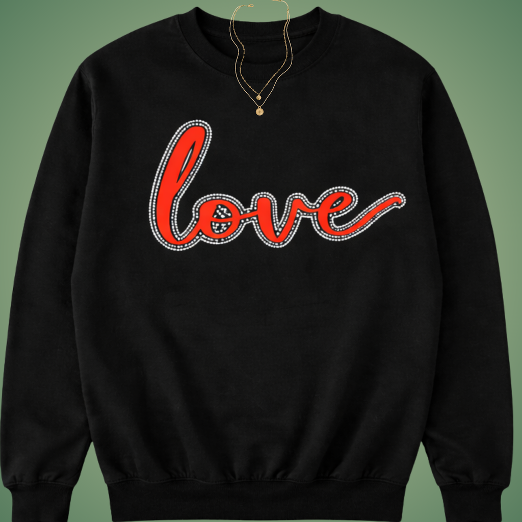 Black sweatshirt with 'love' in red text on a green background with rhinestone outline