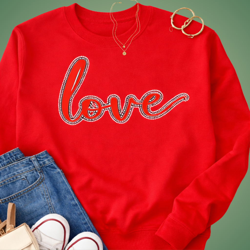 Red sweatshirt with 'love' text, blue jeans, and white sneakers on a green background with rhinestone outline
