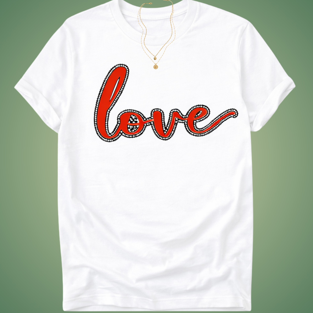 White t-shirt with red 'love' text on a green background with black rhinestone outline