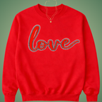 Red sweatshirt with 'love' text on a green background with rhinestone outline
