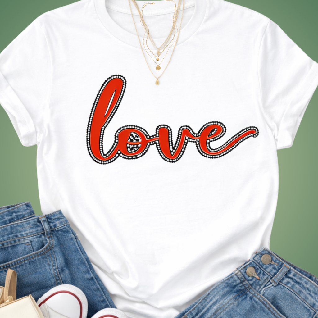 White t-shirt with red 'love' graphic on a green background with rhinestone outline