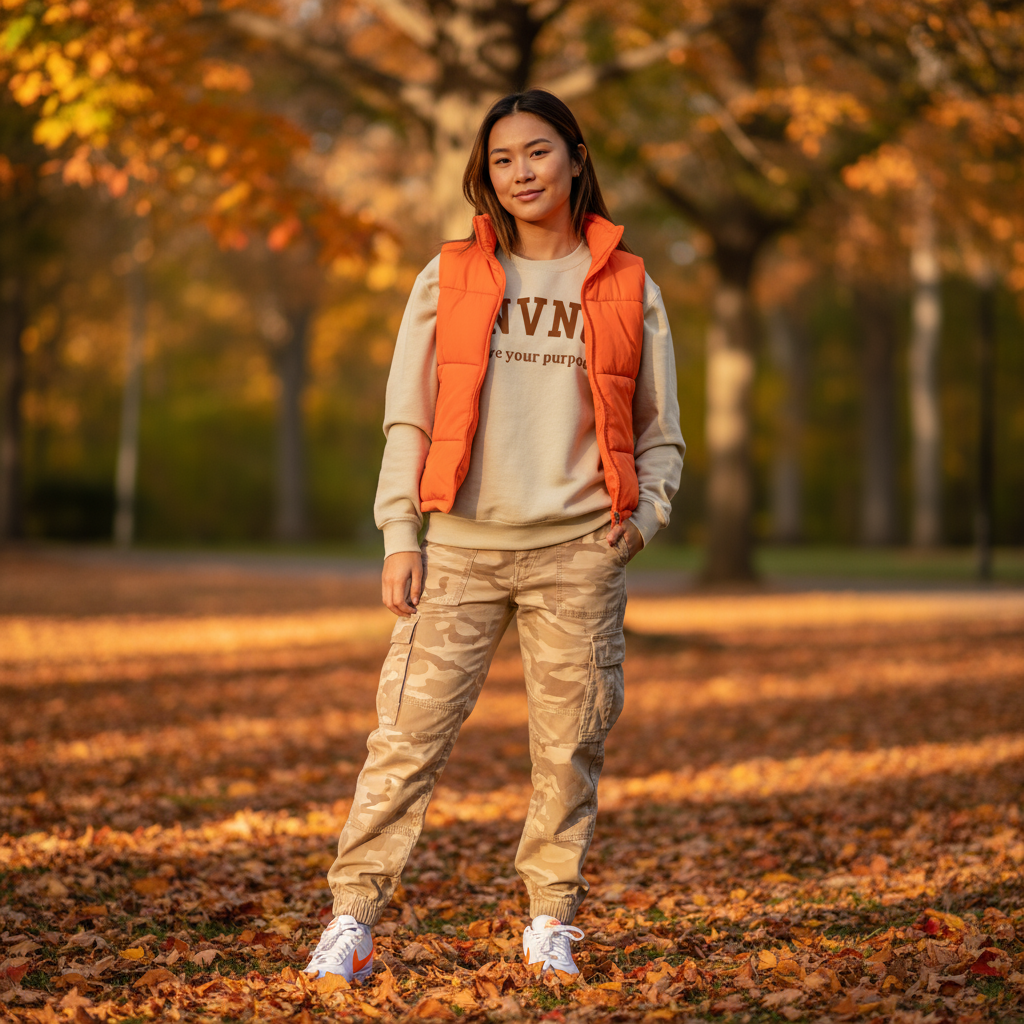 Asian woman wearing ENVNO1 sweatshirt with tan camo pants in fall outfit